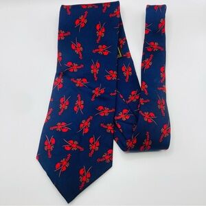 Alynn Neckwear navy blue 100% that silk tie with red novelty lobster print.